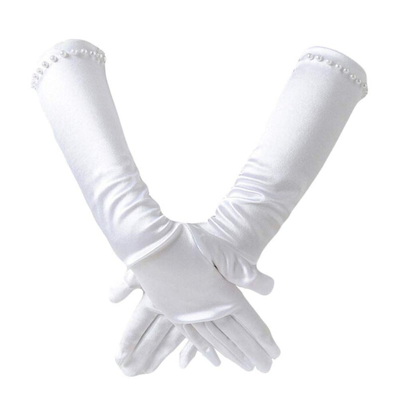 CREATIEE-PRO 2 Pair Little Girls Long Princess Costume Glove, Creatiee White Dress Up Beading Bows Glove for Kids Party, Wedding, Birthday, Holiday, Formal Pageant (White) - Image 1